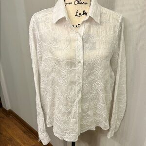 Ecru White Floral Lace 100% Linen Button Down Shirt, Large, NWOT, Perfect TOP